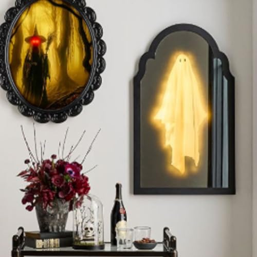 2025 Halloween Hologram Ghost Mirror,Spooky Scary Haunted Bedroom Mirror Decal,Animatronics Novelty Party Decorations Decor Indoor DIY with Creepy Eyes Ghost,Glowing Cool Room Decor Statue