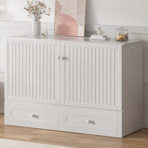 BALUS Murphy Cabinet Bed, Queen Cabinet Chest Bed with USB Charging Station, Tri-Fold Mattress, 2 Storage Drawers Modern Convertible Wall Wooden Beds for Apartment Bedroom - Dark Grey