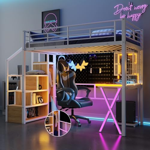 Modern Full Size Gaming Loft Bed with Built-in Desk and Storage Wardrobe, Wood Loft Bed Frame with Light Strip and 2 Drawers, Maximize Space Saving (Blue-7.10)