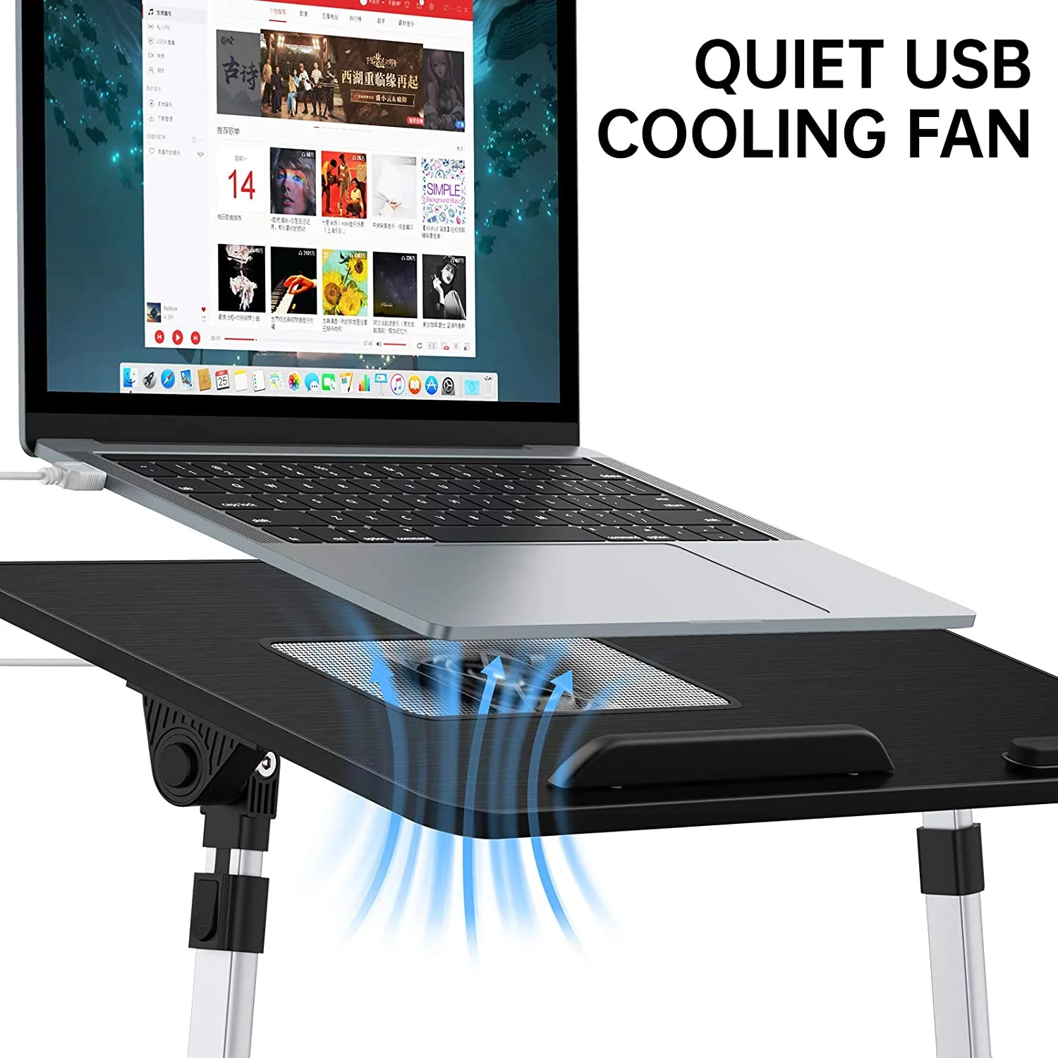 Adjustable Laptop Desk Table for Bed, Foldable Computer Stand [Large Size] Tiltable Notebook Tray with Cooling Fan for Sofa Couch Floor (Black)