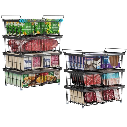 iSPECLE Freezer Organizer Bins - Fit 10 to 20 Cu.FT Deep Freezer, 4 Pack Large Expandable Stackable Chest Freezer Organizer Bins Sort Frozen Food and Easily Get without Digging in the Freezer, Black