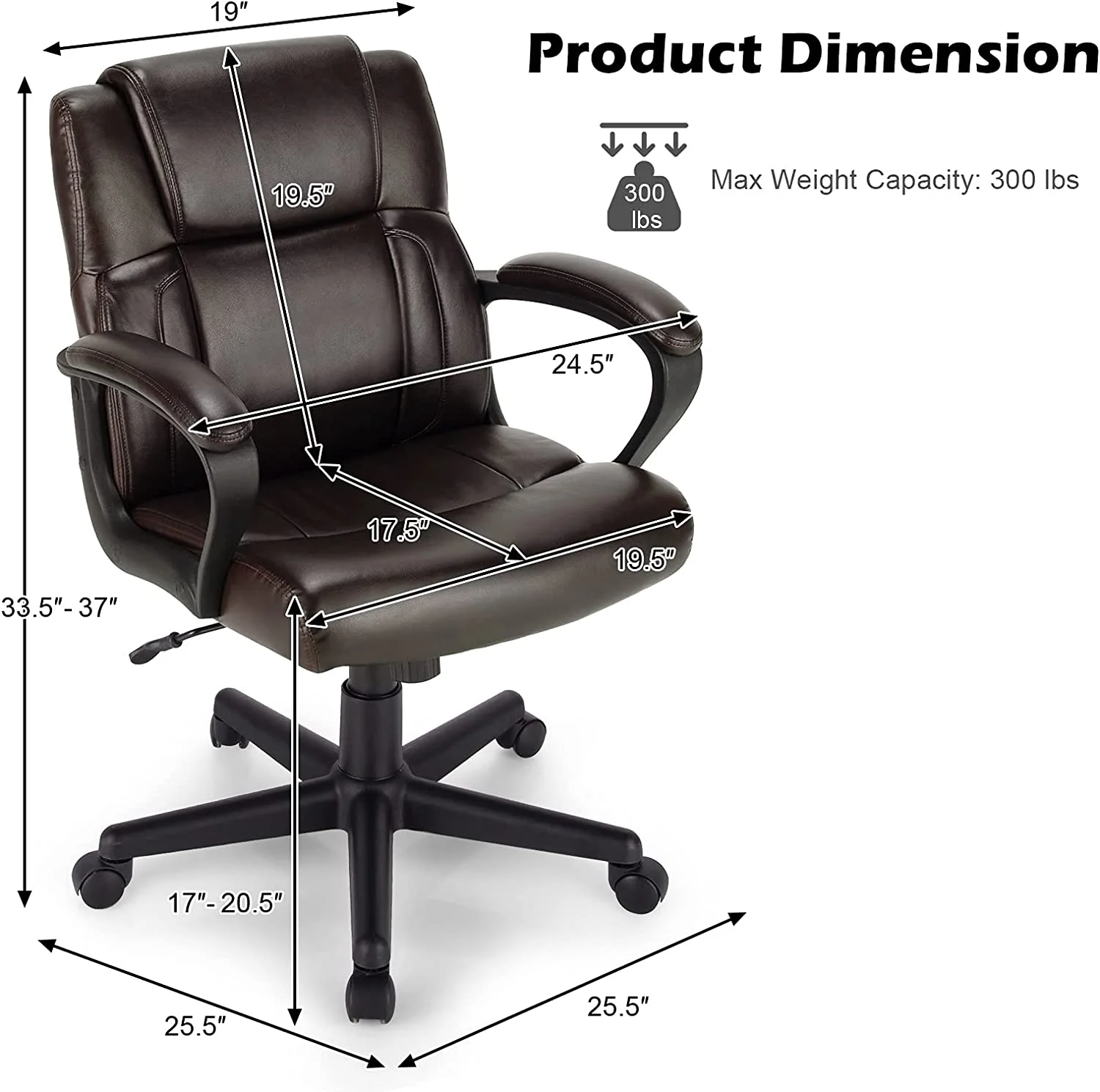HJZBNONE Office Chair  Leather Modern Executive Chair  Ergonomic Mid Back Computer Desk Chair w/Padded Armrests  Height Adjustable Swivel Task Chair w/Rocking   Dark Brown