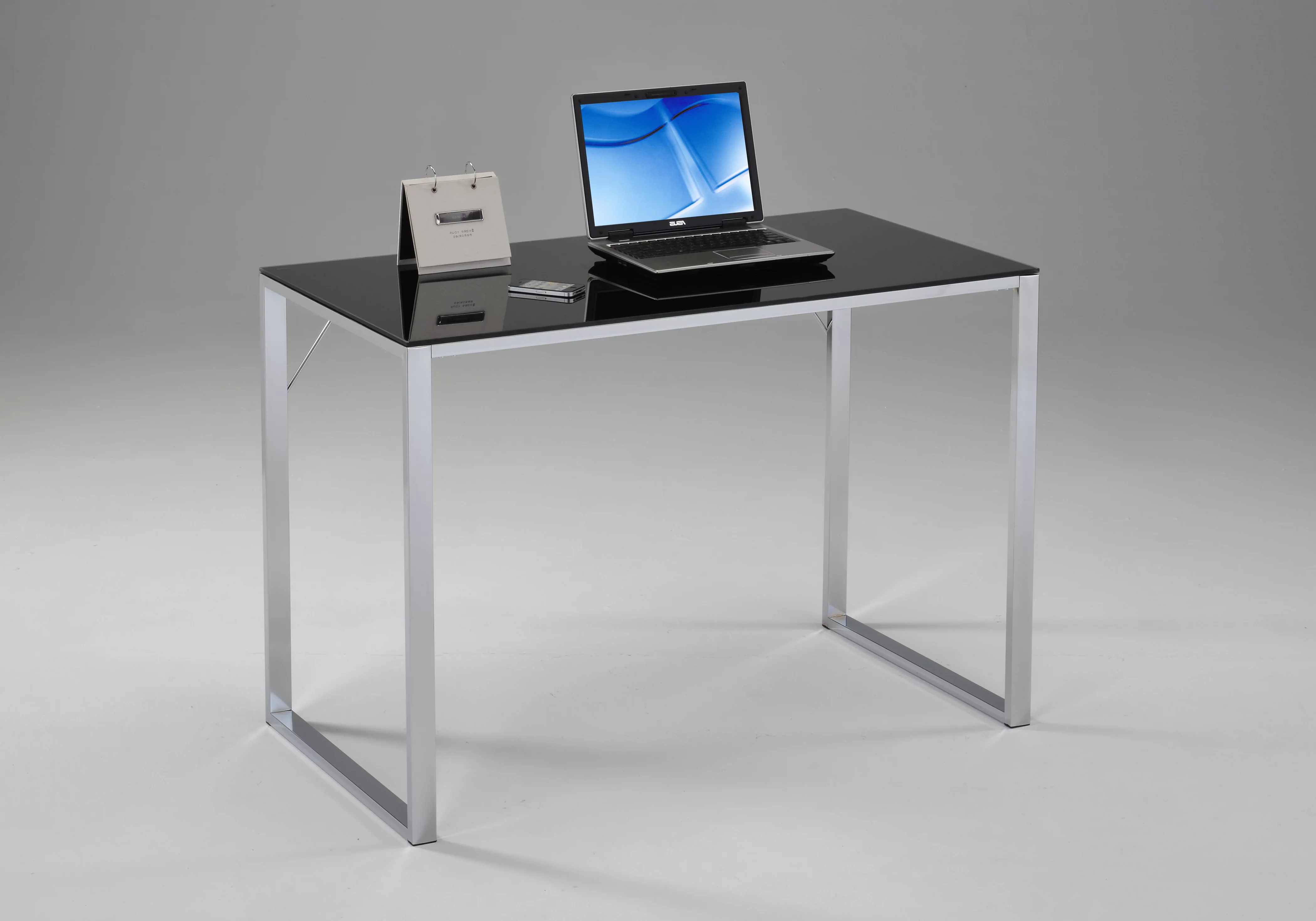 Ariah Home & Office Workstation Computer Desk, Chrome Metal Frame & Black Tempered Glass Top, Modern