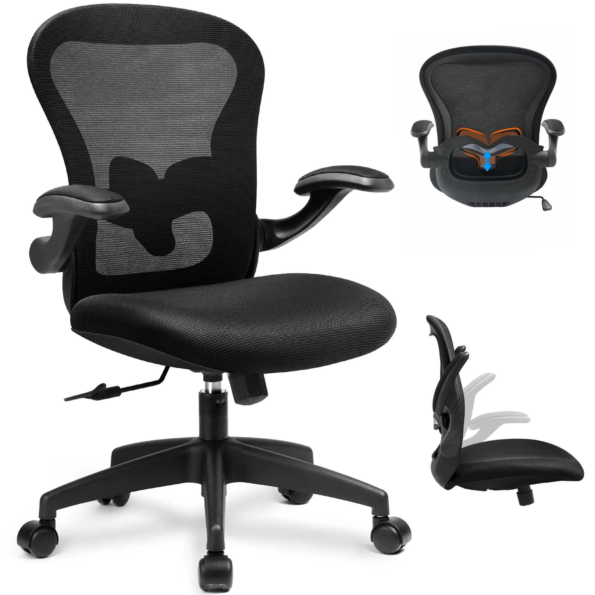 COMHOMA Office Chair Ergonomic Mesh Mid Back Task Chair with Flip-up Arms, Black