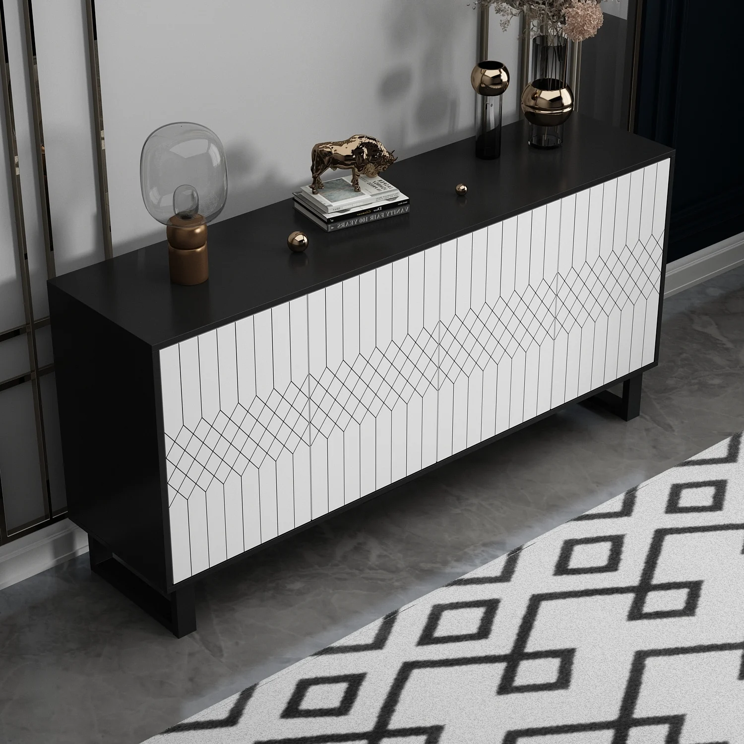 Modern Credenza Sideboard Buffet Pop-Up Doors Buffet Sideboard 63inch