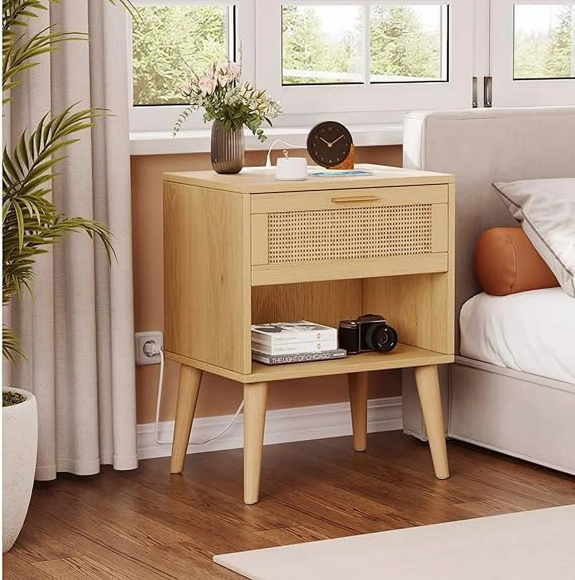 HJZUINIUNIU Rattan Nightstand with Charging Station  Night Stand with 5 Large Drawers  Farmhouse End Table  Bedside Table with 2 USB Ports and 2 AC Outlets for Bedroom  Natural BZZ008ME