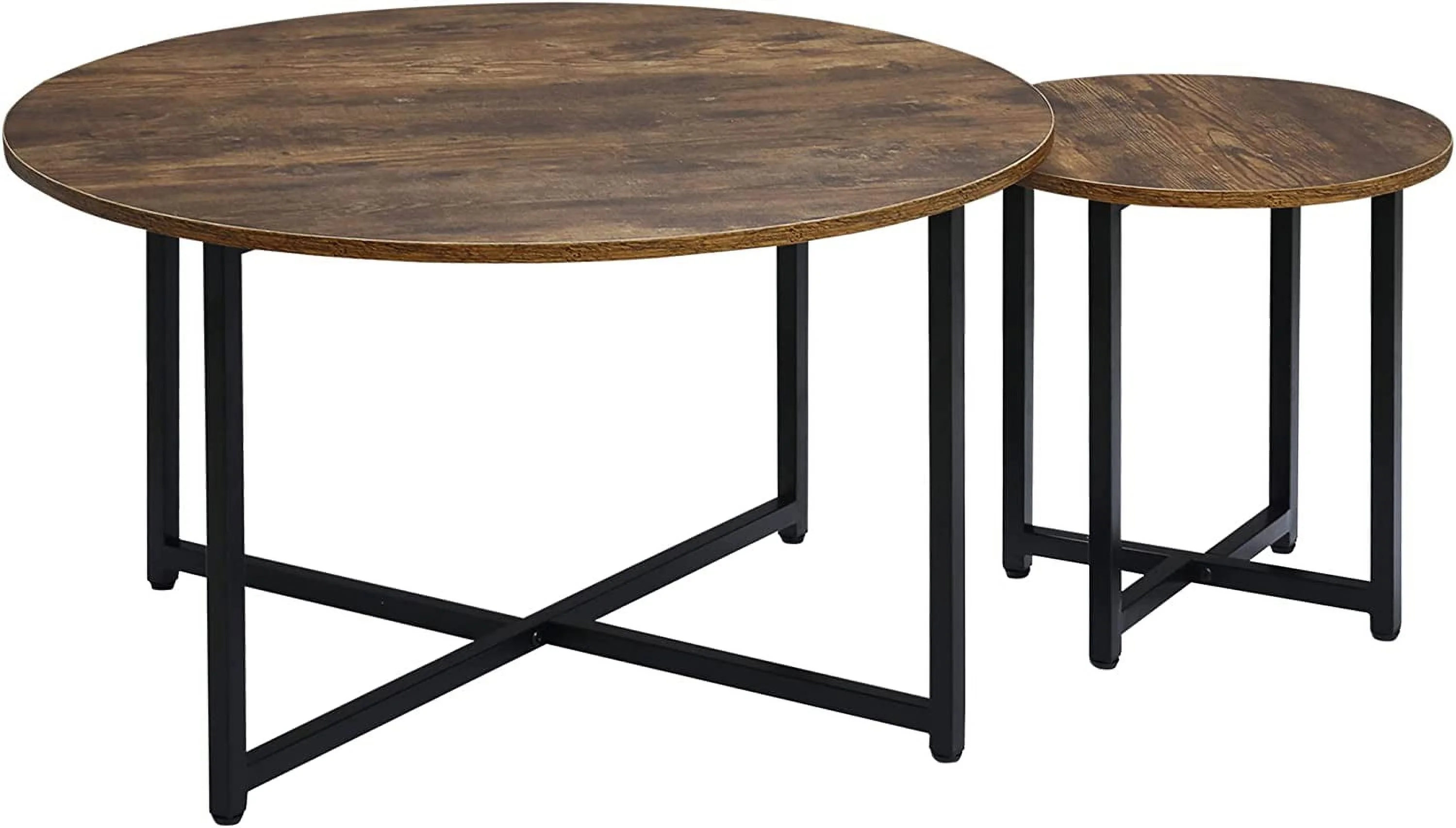 TJUNBOLIFE Round Coffee Table Set of 2  Industrial Living Room Tables with Metal Frame  Circle Coffee Tables for Living Room  Rustic Brown