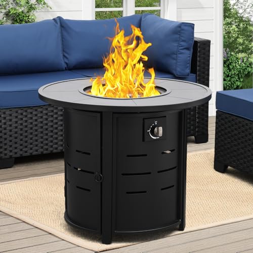 30 Inch Fire Tables Round Tabletop 50000 BTU Outdoor Fire Pits for Outside Steel Gas Fire Table with Fire Pit Lid Waterproof Cover, Black