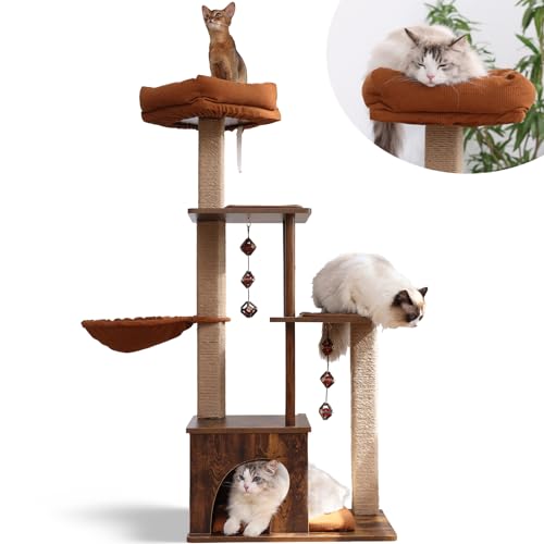 FUKUMARU Cat Tree, 4 in 1 Large Modern Cats Tower with Jute Scratching Post and Hammock, Wood Cat Condo with silvervine Balls, Brown Cat Climber Stand Playhouse for Indoor Cats, Retro Style