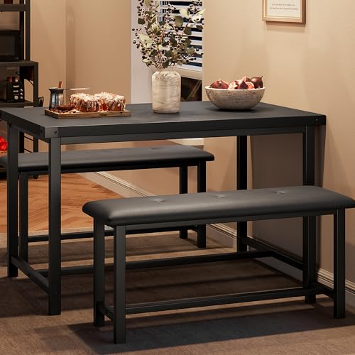 GarveeHome Dining Table Set for 4, Kitchen Table with 2 Upholstered Benches, Wood Kitchen Dining Room Set, for Small Space, Apartment, Home, Dinner, Retro Gray
