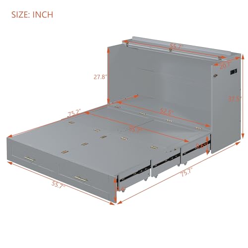 Harper & Bright Designs Queen Size Murphy Wall Bed, Chest Cube Cabinet With USB, Charging Station and Large Storage Drawer for Home Office, Pulley Structure Design - Gray