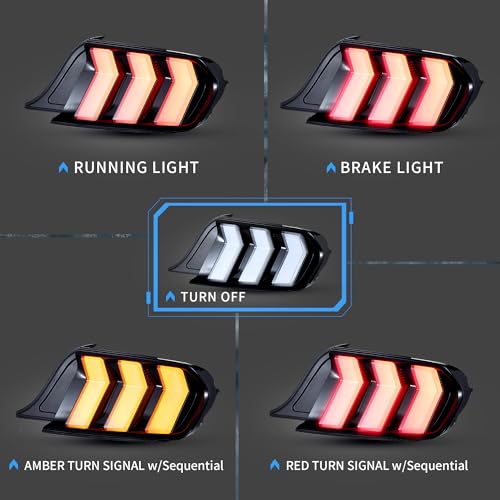 VLAND LED Rear Lights Compatible with Mustang 2015-2023 w/Sequential Turn Signal (5-Modes Switchable Lighting), Clear Lens Taillight Assembly, Passenger&Driver Sides (Clear)