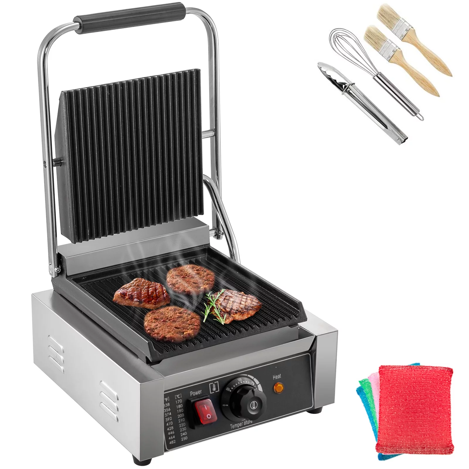 BENTISM 110V Commercial Sandwich Press Grill 1800W Electric Panini Maker Non-Stick 122°F-572°F Temp Control Full Grooved Plates for Hamburgers Steaks