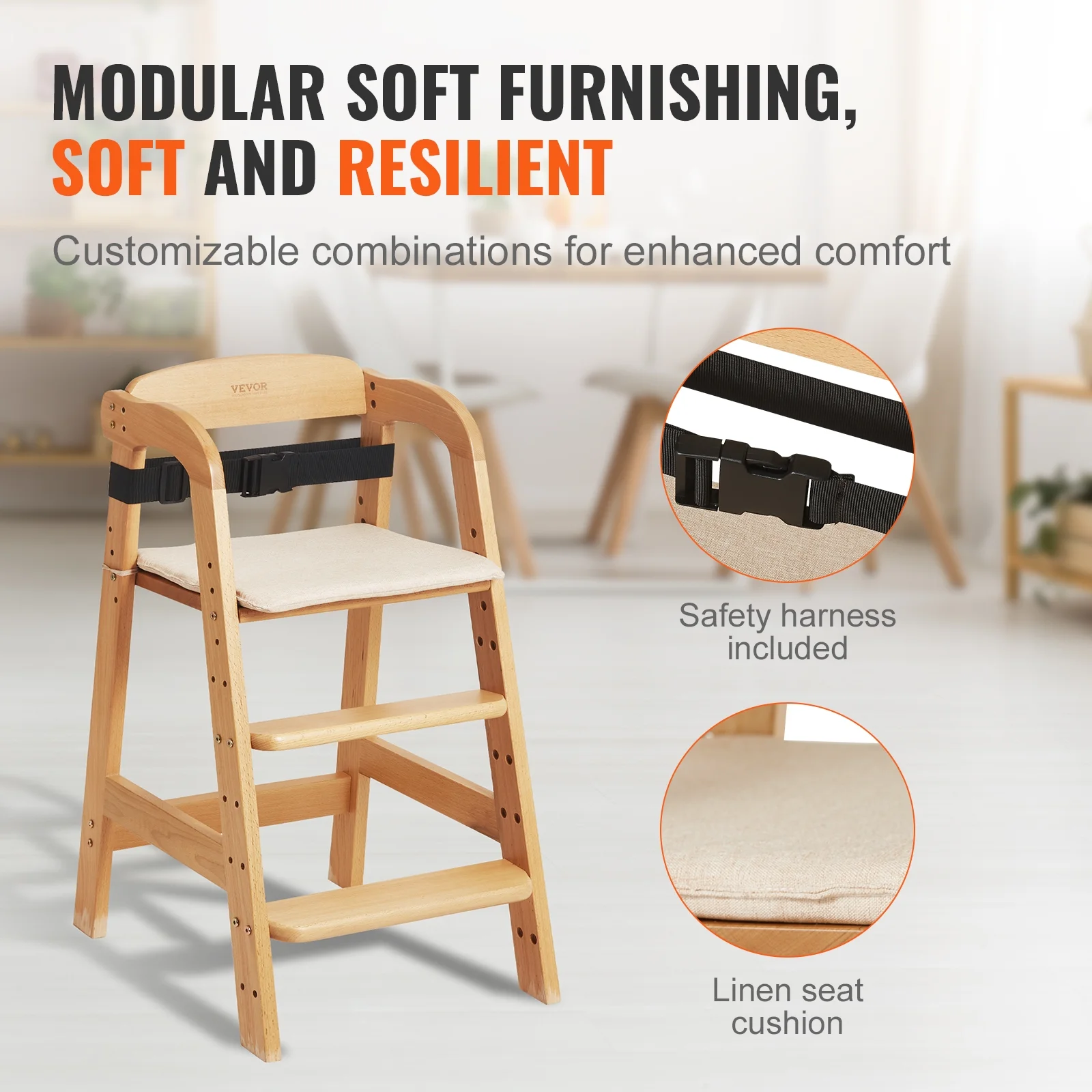 BENTISM Wooden Baby HighChair with Adjustable Legs, Solid Wooden Toddler Chair Baby Booster Seat 13'' Tall