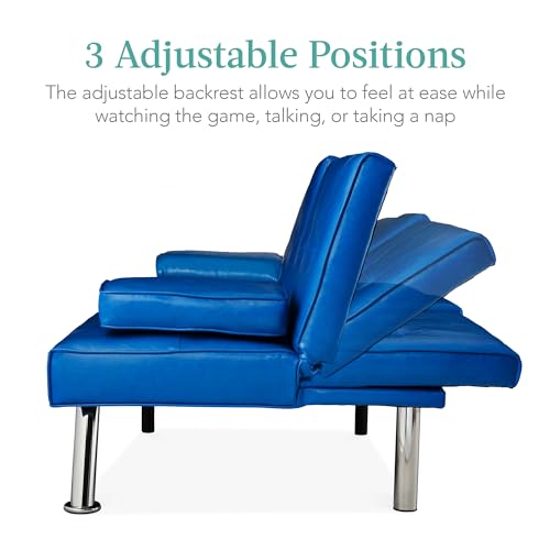 Best Choice Products Faux Leather Upholstered Modern Convertible Futon, Adjustable Folding Sofa Bed, Guest Bed w/Removable Armrests - Blue