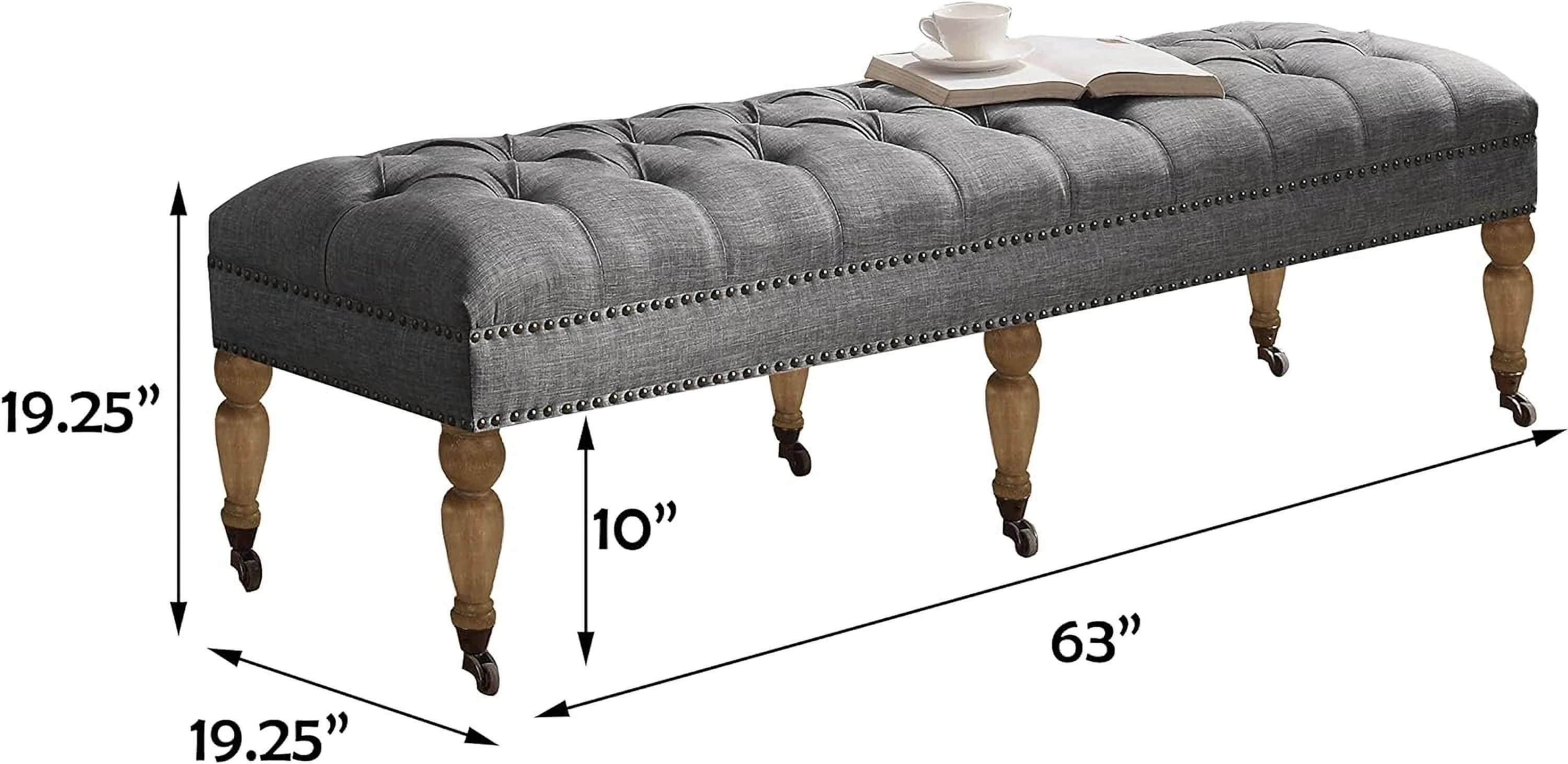 WANHUI Berta Upholstered Polyester Tufted Top with Nailhead Rectangular Bench for Living Room Footrest Bedroom Entryway, Large, Ash