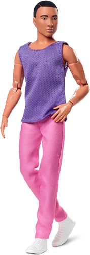 Barbie Looks Ken Fashion Doll with Black Hair Dressed in Purple Mesh Top & Pink Trousers, Posable Collectible with Made to Move Body