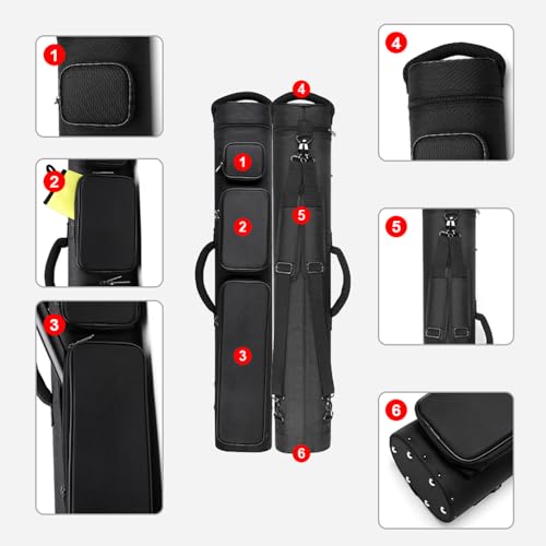12-Hole Premium Nylon Pool Cue Case – Holds 8 Shafts & 4 Butts, Durable Double Shoulder Strap Design with 3 External Pockets (Black/Blue)