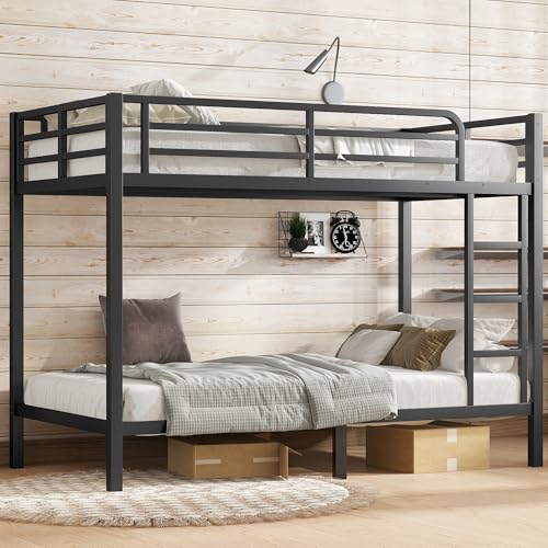 Heavy Duty Bunk Bed Frame with Ladder, Twin XL Over Twin XL Bunk Beds with Safety Guardrails, Adults Bunk Beds with Noise-Reducing Rubber Stoppers, Easy Assemble, Black