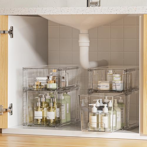 Vtopmart 4 Pack Clear Stackable Storage Drawers,Easy to Assemble Bathroom Organizers and Storage with handles,Plastic Drawers for Kitchen Pantry,Cabinet,Under Sink Organization