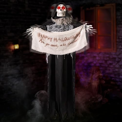 Halloween Animatronics 5ft Hanging Witch, 60inch Floating Animated Witch Decorations with Banner, Sound Activated, Creepy Voice, Light Up Eyes, Scary Move, Spooky Horror Prop for Indoor, Outdoor
