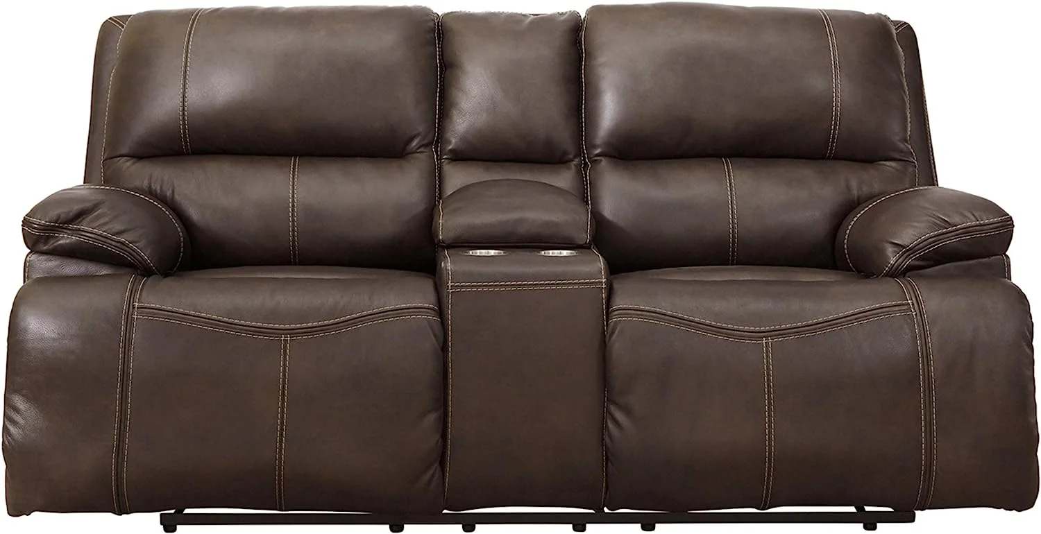 Ashley Furniture Ricmen Leather Power Reclining Loveseat in Walnut