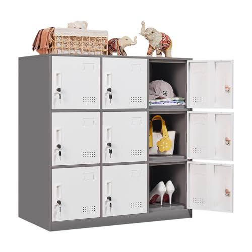 Student Locker Organizer, Multi-Door Steel Locker, Small Locking Cabinet Storage Organizer, Office File Cabinet, Home Locker, Gym Locker, Metal Storage Locker (9 Door, Grey & White)