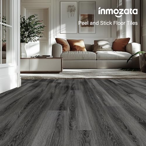 INMOZATA Peel and Stick Floor Tile Vinyl Flooring, Waterproof Vinyl Plank Flooring 36-Pack 54 Sq.Ft Wood Grain Self Adhesive Peel and Stick Flooring for Bedroom, Living Room, Kitchen, RV(Deep Gray)