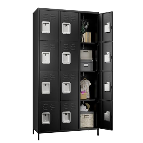 METAN Metal Storage Locker for School Office Gym Bedroom, 12 Doors Locker Cabinet for Employees, Industrial Steel Storage Locker with 12 Hooks, Assembly Required (12 Door-Light Gray)