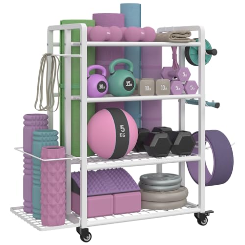 4-Tier Dumbbell Rack Stand Only, Adjustable Weight Rack for Dumbbells Kettlebells Yoga Mat, Home Gym Storage Rack with Wheels and Hooks, Powder Coated Finish