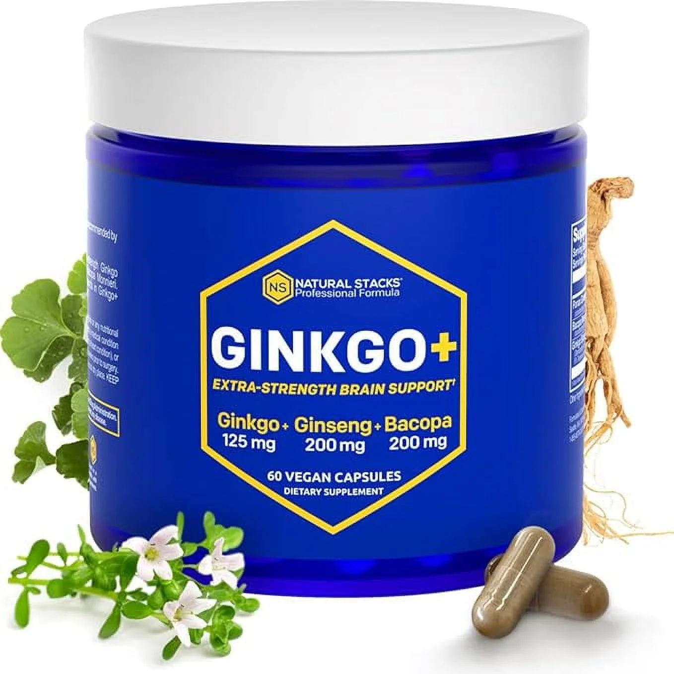 NATURAL STACKS Ginkgo Biloba Supplements w/Panax Ginseng and Bacopa Monnieri - Focus Supplement for Mental Performance, Brain Health Supplements for Adults, 60 Ginkgo Biloba Capsules