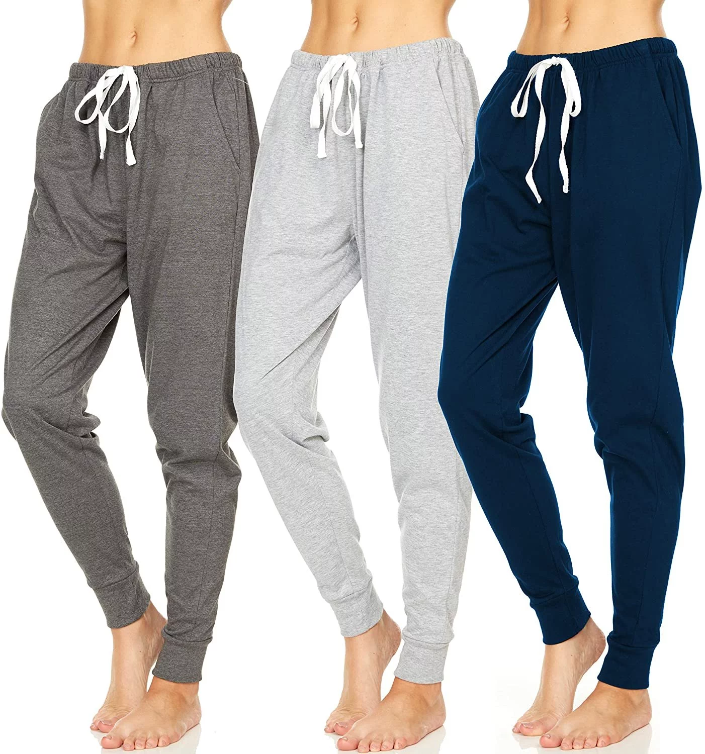 Essential Elements 3 Pack: Women's 100% Cotton Jersey Lightweight Lounge Casual Sleep Pajama Jogger Pants Small, Set E