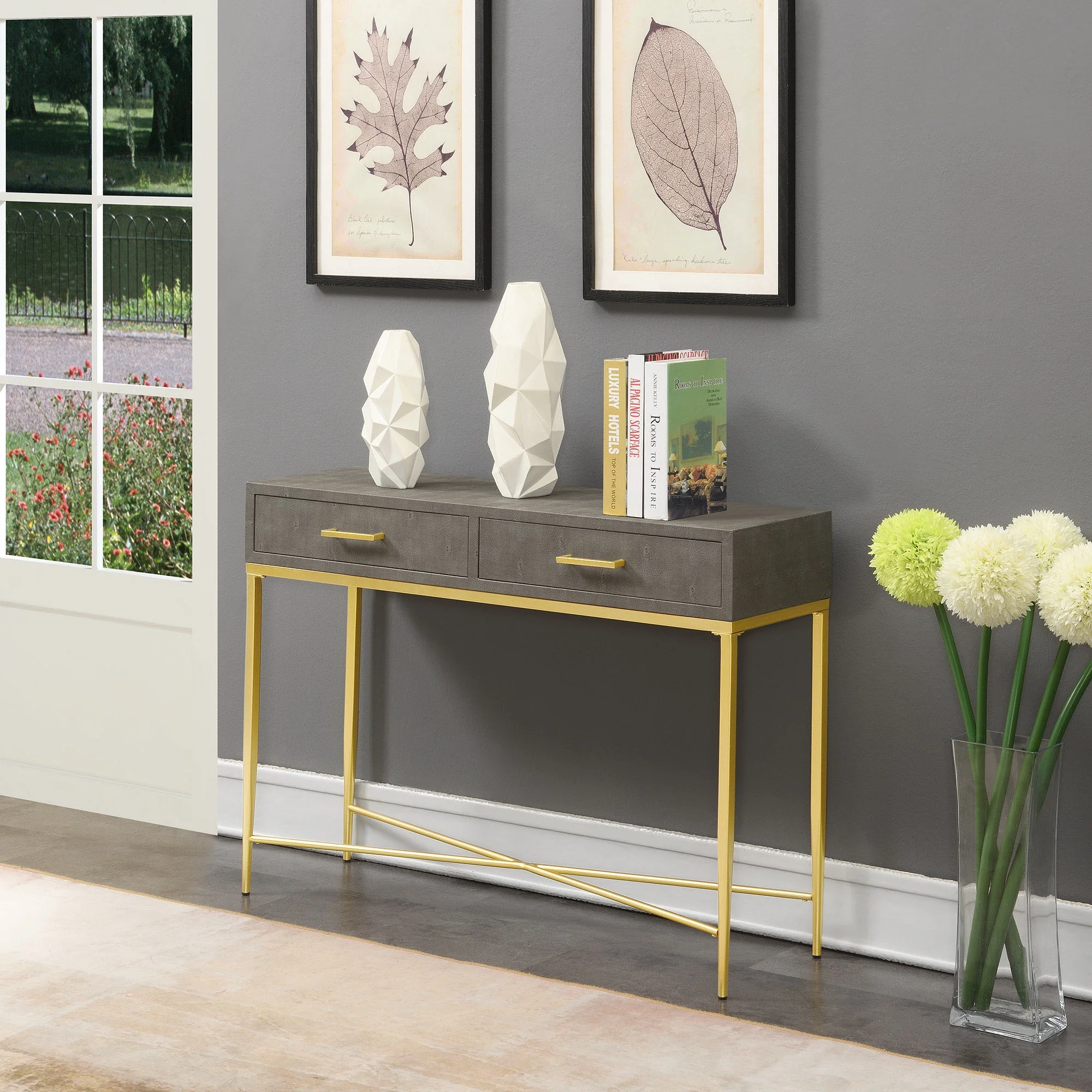Convenience Concepts Ashley 2 Drawer Console Table, Gray/Gold