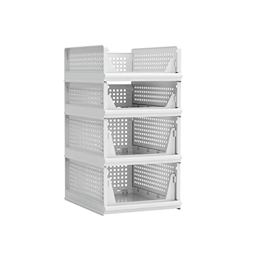 Stackable Plastic Storage Basket Closet Organizer Bin Foldable Clothes Organizer Storage Drawer Shelf Container for Living Room Bathroom Kitchen Office