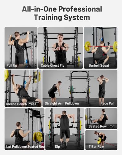 Mikolo Smith Machine, 2200lbs Squat Rack with LAT-Pull Down System & Cable Crossover Machine, Training Equipment with Leg Hold-Down Attachment