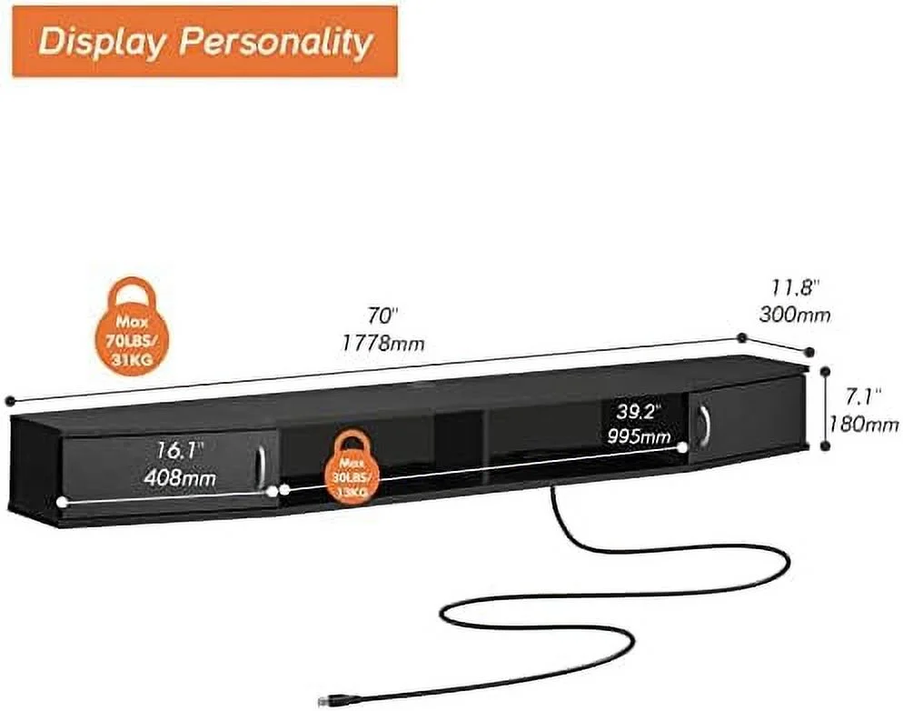 KBANZIBIU Floating TV Stand with Cabinet  Wall Mounted TV  with Door Media Console Entertainment Center Under TV Floating Cabinet Desk  Hutch for Home and Office 70''