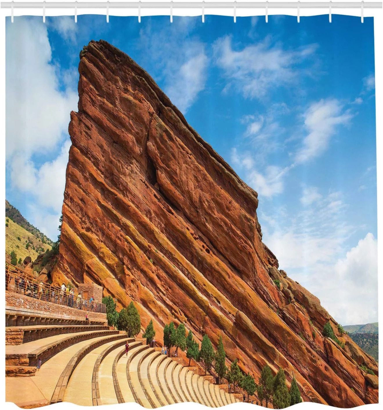 JOOCAR Denver Shower Curtain, Famous Travel Sight Historic Red Rocks Colorado Touristic Natural Destination, Cloth Fabric Bathroom Decor Set with Hooks, 72x72 inch, Sea Blue Cinnamon