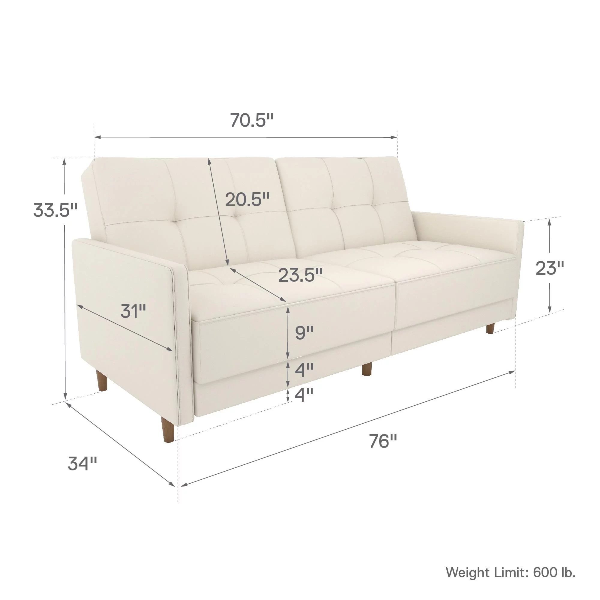 Desert Fields Adera Coil Futon, White Faux Leather