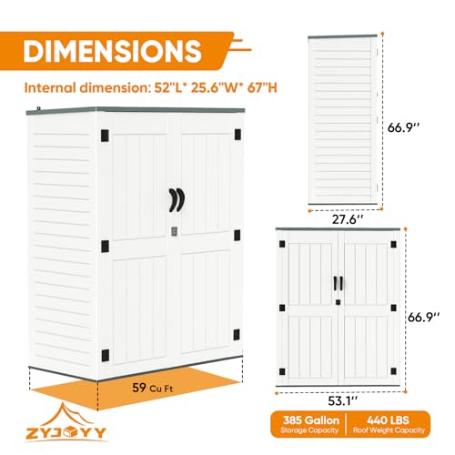 4.5 x 5.7 FT Outdoor Storage Shed, 59 Cuft Outside Waterproof Storage Cabinet, HDPE Resin Plastic 385 Gallon Outdoor Storage Container, Vertical Lockable Storage Shed, Light Grey