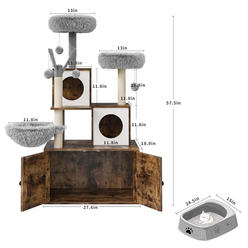 57.5-Inch Cat Tree with Litter Box Enclosure 2-in-1 Modern Cat Tower with Cat Condo/Hammock/Scratching Post/Plush Perch/Removable Pompom Sticks/Caves, Wooden Hidden Litter Box Furniture, Oak Brown