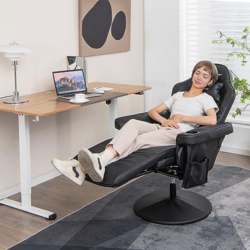 POWERSTONE Gaming Recliner Massage Gaming Chair with Footrest Ergonomic PU Leather Single Sofa with Cup Holder Headrest and Side Pouch, Adjustable Living Room Chair Seating, Black