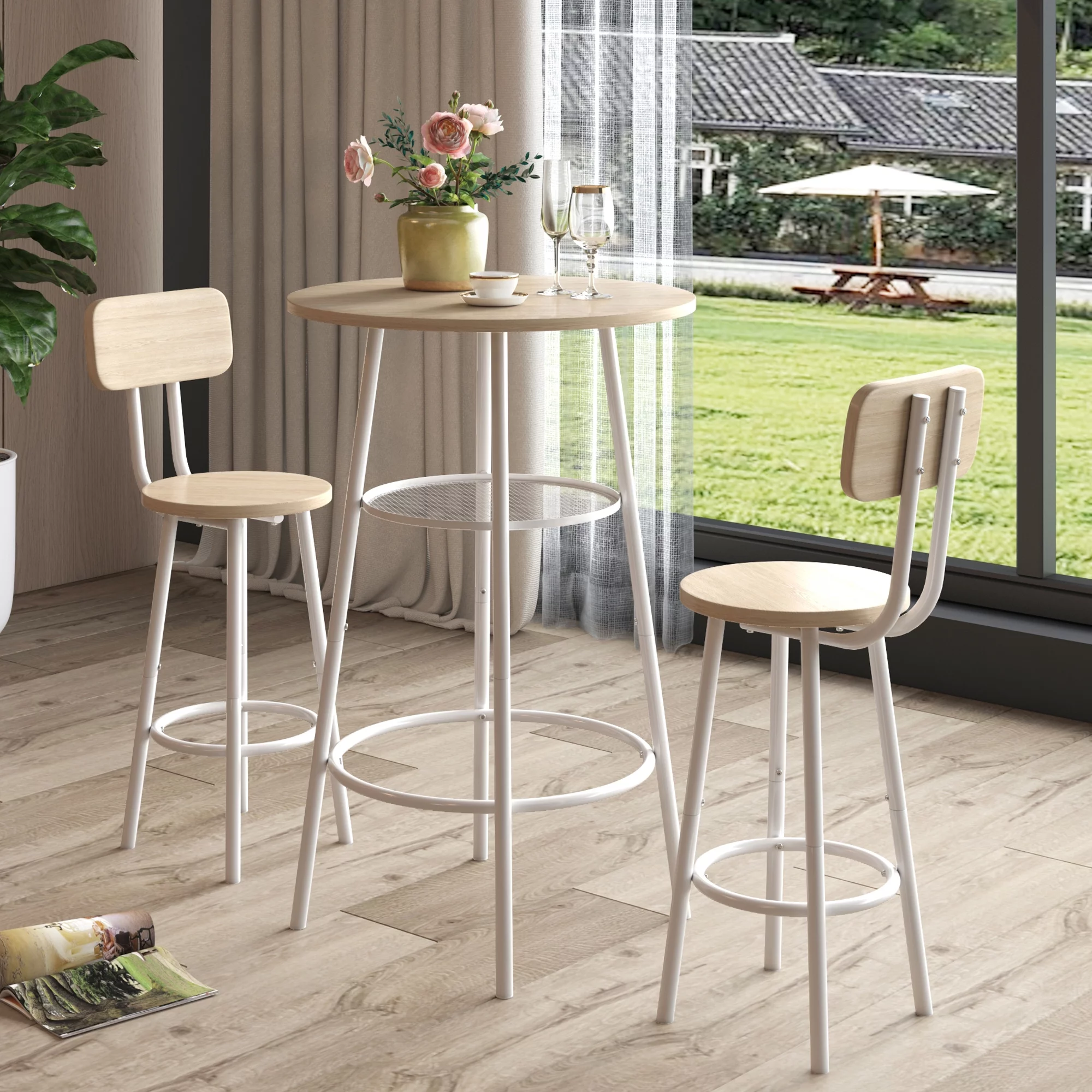 HSUNNS 3-Piece Bar Table Set for 2, Small 2-Tier Round Bistro Pub Dining Table and Stools with Backrest, Counter Height Table and Chairs Set for Kitchen Apartment Small Space, White Oak