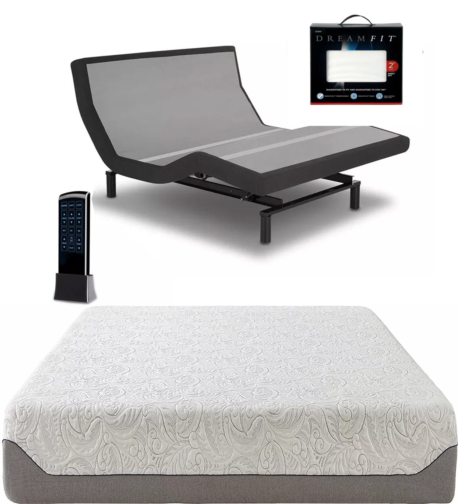 Leggett & Platt Prodigy 2.0 Adjustable Bed with Your Choice of Boyd Sleep Cooling Air Flow Gel Memory Foam Matt and Set of Dreamfit Sheets (Queen, Boyd 8