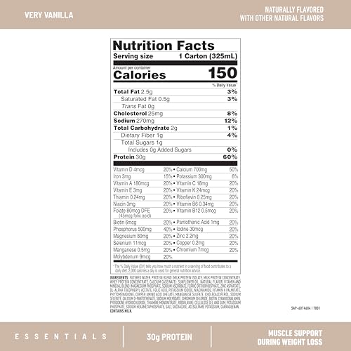 SlimFast Essentials 30g Vanilla Protein Shake, Protein Shakes Ready to Drink, Muscle Support, 1g Sugar, 24 Vitamins and Minerals, 1g Net Carbs, Very Vanilla, 12 Count