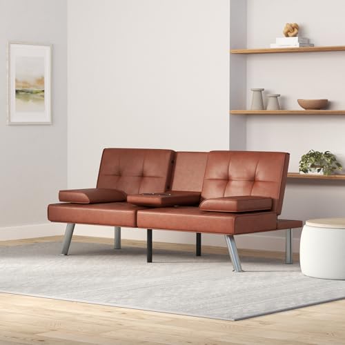 Best Choice Products Faux Leather Upholstered Modern Convertible Futon, Adjustable Folding Sofa Bed, Guest Bed w/Removable Armrests - Blue