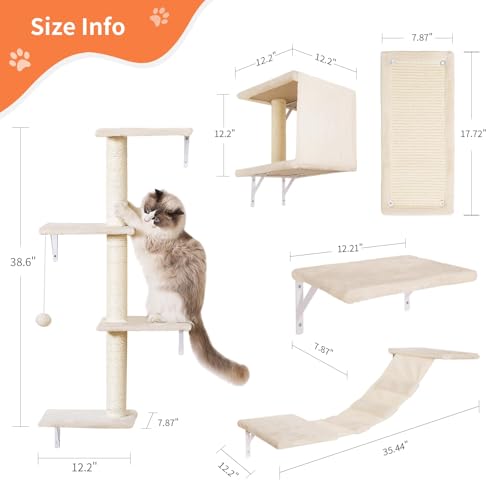 Modern Wall-Mounted Cat Furniture - 5pcs Cat Wall Shelves, Wooden Climber Includes House, Bridge, Tree, Steps, and Scratcher (Black)