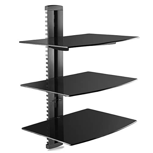 Suptek Glass Floating Shelves, TV Wall Mount with Shelf for DVD Player / PS4 / Cable Boxes/Game Consoles/Sky Box/TV Accessories, Flat Black 2-Tier Wall Mount Bracket