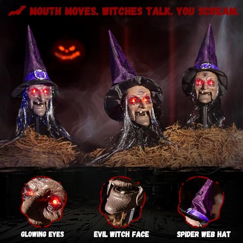 3-Pack Halloween Animatronic Witch Stakes – Outdoor Halloween Decorations with Sound,Light-Up Eyes, Moving Mouth & Sound Activation – Scary Prop for Yard, Pathways, Haunted Houses & Party