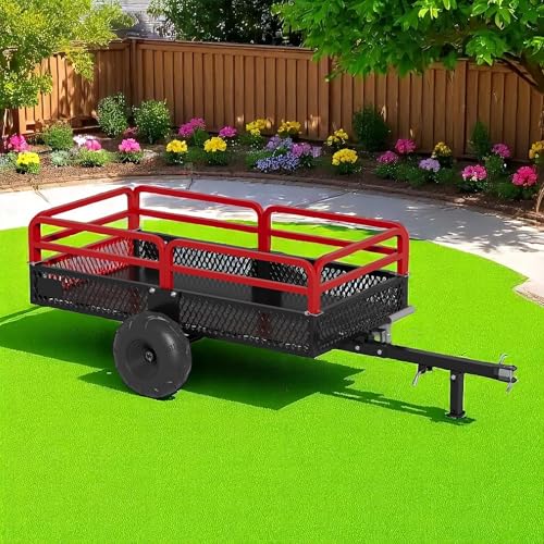 ATV UTV Trailers Tow Behind Dump Cart, 1500lbs Utility Trailers W/Support Stand, Heavy Duty Carts with Wheels, Yard Garden Cargo Wood Trailer Steel Dump Trailer for Lawn Mower Tractor (Red)