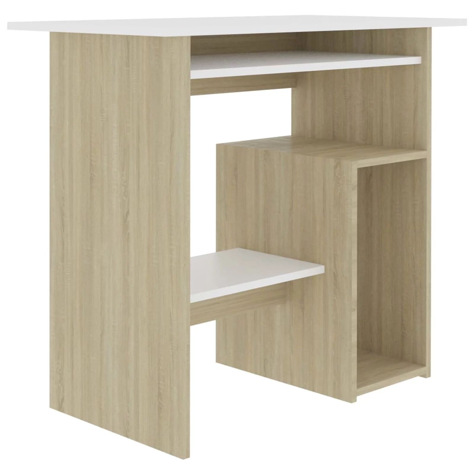 Anself Computer Desk with Keyboard Tray and Storage Shelves Engineered Wood Writing Desk Multifuctional Gaming Table White and Sonoma Oak Home Office Furniture 31.5 x 17.7 x 29.1 Inches (L x W x H)